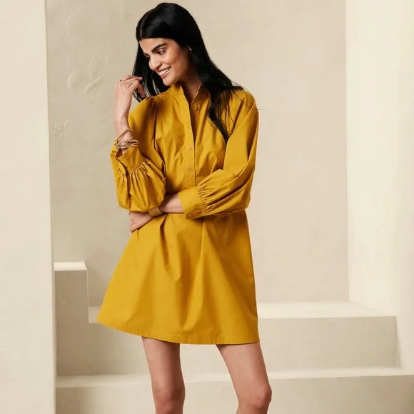 banana republic mustard yellow dress Linen Corset Button-Down Dress